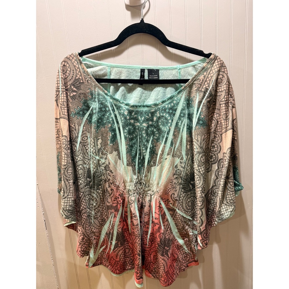 New Directions Womens Large Boho Dolman Sleeve Blouse Multi Color Cinched Waist